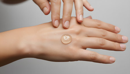 Close-up of a person applying a clear drop of cosmetic gel or serum to the back of their handの素材