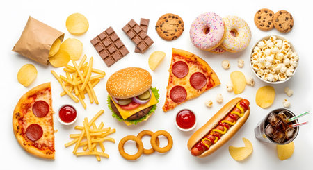 Assortment of Fast Food and Sweets on White Backgroundの素材
