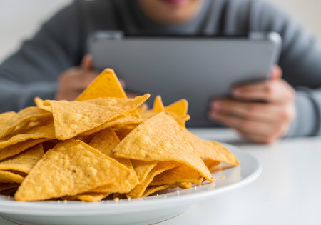 A person uses a tablet or e-reader while snacking on a pile of nacho chips. Concept for screen time and unhealthy snackの素材