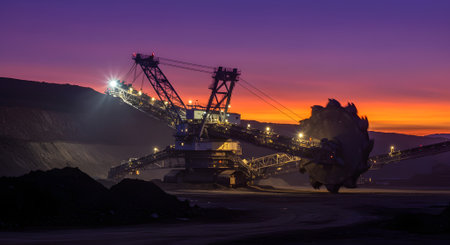 Illuminated industrial mining site at night with giant equipment in motion, emphasizing 24-hour excavation and productivity.の素材