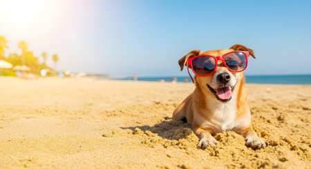 Happy dog in sunglasses on the beach at sunny day. Summer vacation concept.の素材