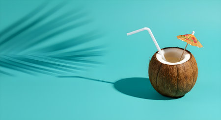Coconut cocktail with straw on blue background. 3D renderingの素材