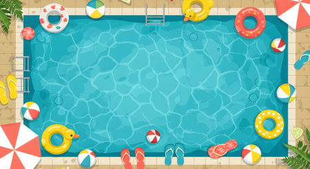Swimming pool top view with summer accessories. Vector Illustration.の素材
