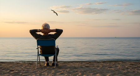 Elderly woman sitting on a chair on the beach and watching the sunsetの素材