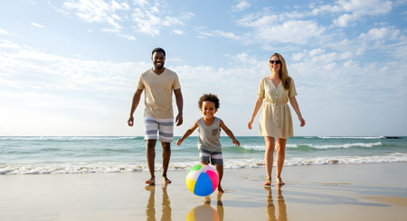 African american family of three having fun on the beach with ballの素材