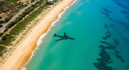 Aerial view of a plane taking off from the beach in Spainの素材