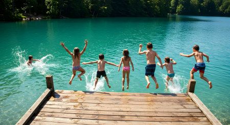 group of happy kids jumping into the water on a wooden jettyの素材