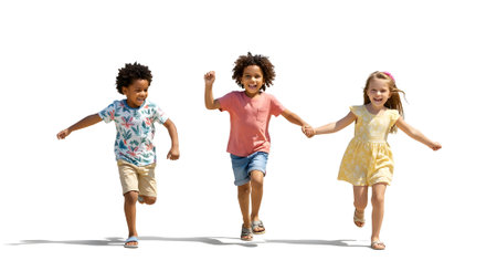 Group of Happy Kids Running Holding Hands on Summer Dayの素材