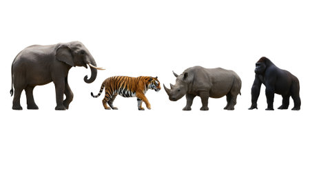 A mix of wild animals shown in a side-view walking scene. Perfect for wildlife awareness, safari-themed content, or conservation topics.の素材