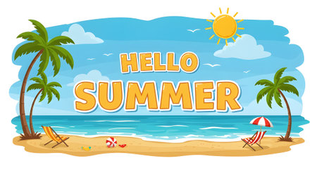 A bright and cheerful summer banner showing a tropical beach with palm trees, sunshine, and waves. Ideal for vacation ads, websites, or holiday campaigns.の素材
