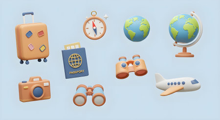 Cute travel icons including suitcase, globe, airplane, passport, and camera, ideal for vacation and tourism graphics.の素材