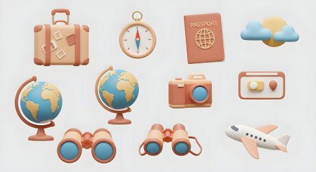 Set of colorful icons for travel and holidays, including airplane, globe, camera, and sunglasses.の素材