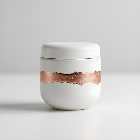 Elegant white cosmetic jar decorated with a rose gold metallic band, ideal for luxury creams, balms, or skincare product branding.の素材