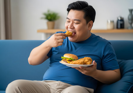 An overweight man on a couch happily eats fried chicken and a cheeseburger. Concept for unhealthy eating and sedentary lifestyle.の素材