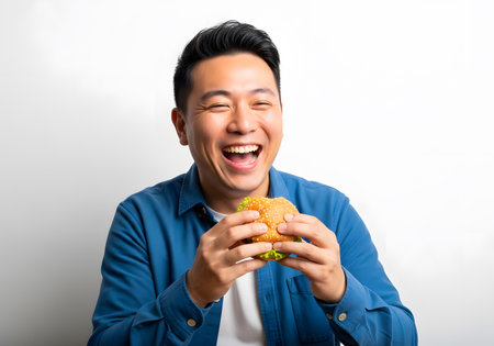 A man with a big smile and open mouth holds and is about to eat a hamburger. Concept for enjoying delicious fast foodの素材