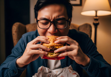 A man with glasses takes a large, messy, and satisfying bite of a double cheeseburger while eating indoors at nightの素材