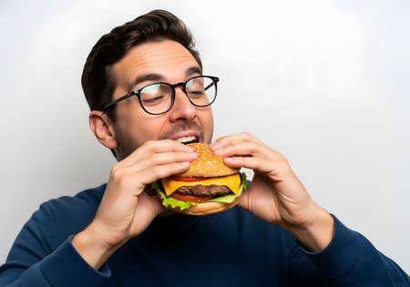 A man with glasses takes a satisfying, large bite of a cheeseburger. Concept for fast food consumption and enjoymentの素材