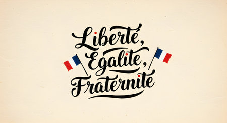 Stylized hand-lettered design of the French national motto âLibertÃ©, ÃgalitÃ©, FraternitÃ©â with tricolor French flag elements on vintage paper background. Ideal for Bastille Day and patriotic themes.の素材