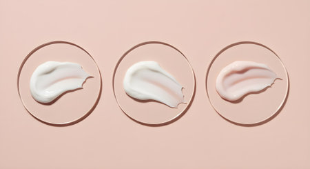 Three cosmetic cream or lotion swatches, each in a unique texture and shade (white, off-white, light pink), displayed on clear circular glass or acrylic discs. The discs are arranged horizontally on a soft, uniform pink background. The overall aesthetic is clean, minimalist, and focuses on product texture and color, ideal for beauty, skincare, or cosmetic advertising and content. Soft, natural light creates subtle shadows, enhancing depth and dimension.の素材