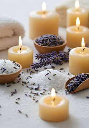 Serene spa setup with lit candles, lavender sprigs, and folded towels â peaceful atmosphere for wellness branding.の素材