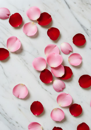 Scattered soft rose petals on marble surface â elegant backdrop for luxury or organic beauty content.の素材