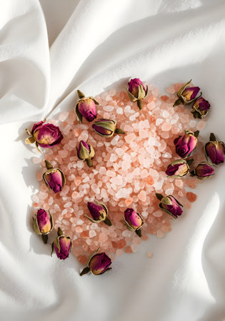 Romantic flat lay of dried roses and pink Himalayan salt on white fabric â elegant touch for bath and body brands.の素材