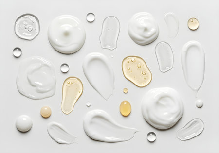 Flat lay of various skincare product textures including lotion, gel, and cream. Ideal for ingredient highlights, branding, or packaging design.の素材