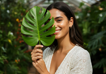 Young woman playfully covering face with tropical leaf. Great for natural skincare, eco beauty products, or organic self-care themes.の素材