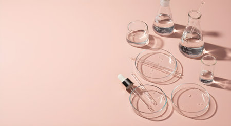 Transparent lab tools flat lay on pink. Suitable for skincare formulation, ingredient testing, or cosmetic science content.の素材