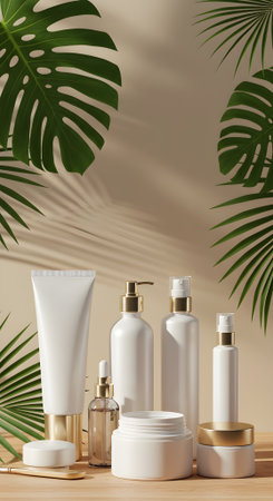 Clean beauty product packaging displayed against monstera leaves. Perfect for organic skincare or minimalist product ads.の素材