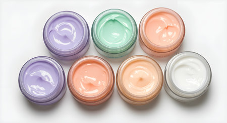 Top view of pastel-colored skincare creams in open jars. Great for face masks, cosmetic textures, and product variety ads.の素材