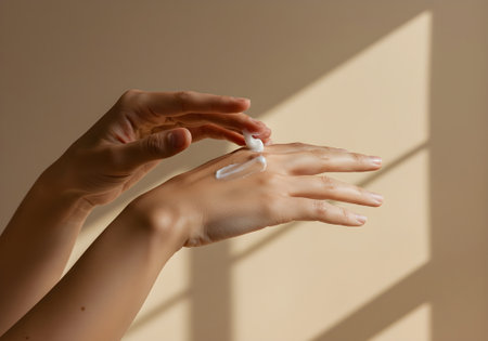 Close-up of female hands applying white skincare cream under warm sunlight with soft shadows. Perfect for hand care, moisturizing products, clean beauty, or minimalist wellness visuals.の素材