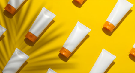 A stylish diagonal flat lay of white cosmetic tubes on a bright yellow background, ideal for skincare product presentations in 4K.の素材