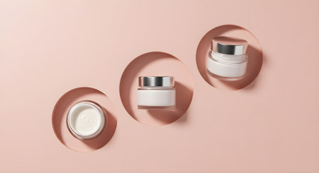 Three skincare jars arranged in circular cutouts on a pastel pink background. Clean and minimal aesthetic.の素材