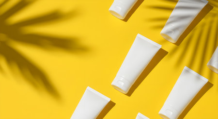White cosmetic cream or lotion tubes casting soft palm shadows on a vibrant yellow background, perfect for summer skincare branding in 4K.の素材