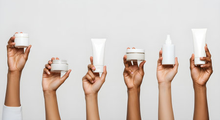 A sequence of diverse hands holding different small, minimalist beauty product bottles (e.g., serum, lotion, cream). The hands are isolated against a clean, light background, showcasing the products in a natural and relatable way. Focus on product presentation and human interaction.の素材
