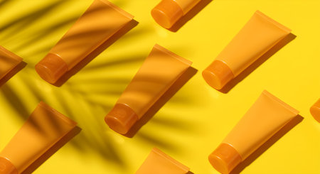 Bold and sunny theme with sunscreen tubes on a vibrant yellow background. A bright and cheerful advertisement featuring two sunscreen bottles with SPF ratings prominently displayed. The products are set on a vivid yellow background, casting strong shadows of tropical palm leaves, creating a summery and sunny atmosphereの素材