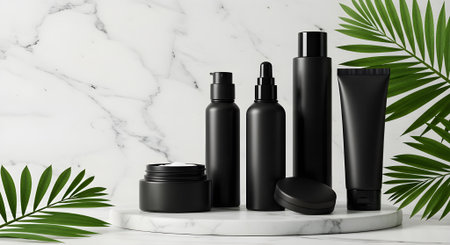 High-end cosmetic containers in matte black on a white marble surface with tropical leaves, perfect for premium product branding in 4K.の素材