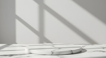 Clean 3D render of round marble display podium with soft window shadows on a marble surface. Ideal for cosmetics, skincare, wellness product mockups, luxury branding, and minimalist advertising visuals.の素材