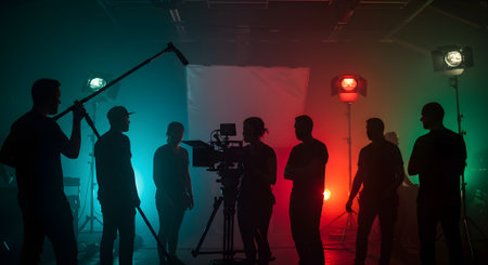 Silhouette of cameraman and cameraman working with professional video camera in studioの素材