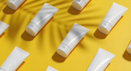 White cosmetic cream or lotion tubes casting soft palm shadows on a vibrant yellow background, perfect for summer skincare branding in 4K.の素材