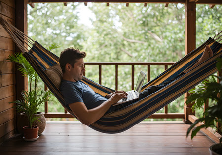 Young man using laptop while lying in hammock at cozy wooden balcony in forest retreatの素材