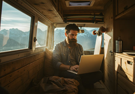 Digital nomad working on laptop in wooden camper van interior with mountain view, travel lifestyle conceptの素材