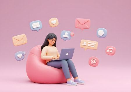 Cartoon style female character on bean bag chair using laptop, surrounded by email and social media iconsの素材