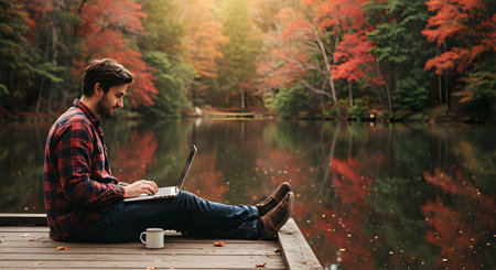Freelancer sitting by scenic lake with colorful autumn forest, remote work lifestyleの素材