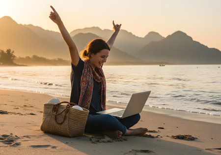 Young woman sitting on sand with laptop at sunrise, tropical travel and freelance lifestyleの素材