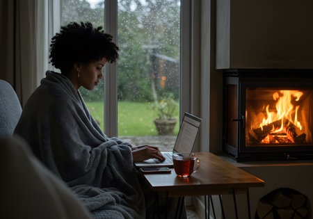 Young black woman wrapped in blanket working on laptop indoors next to warm fireplace, cozy winter work concept.の素材