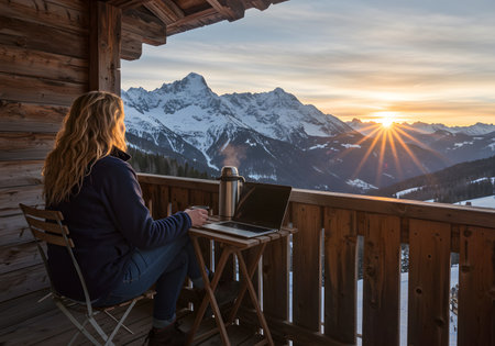 Remote worker sitting with laptop and coffee, overlooking mountains at golden hourの素材