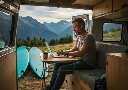 Digital nomad using laptop inside camper van with scenic mountain landscape, travel and freedom lifestyleの素材
