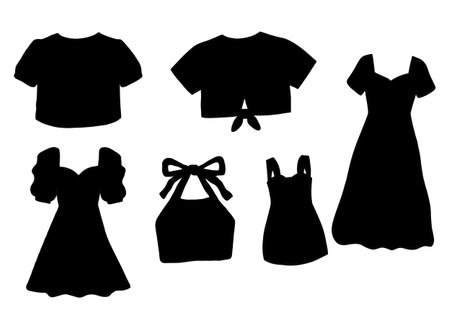 A set of cute top silhouettes featuring puff sleeves, bows, cropped shapes, and feminine styles. Perfect for digital fashion design, clipart packs, and aesthetic apparel illustratiのイラスト素材